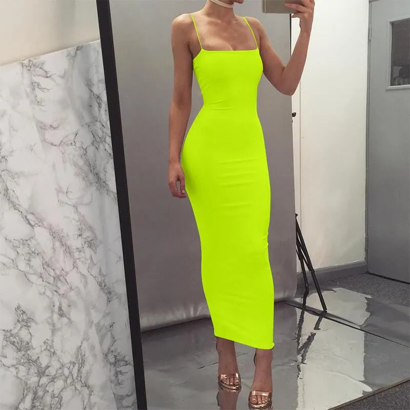 Simple Sling Plain Bodycon Long Dress