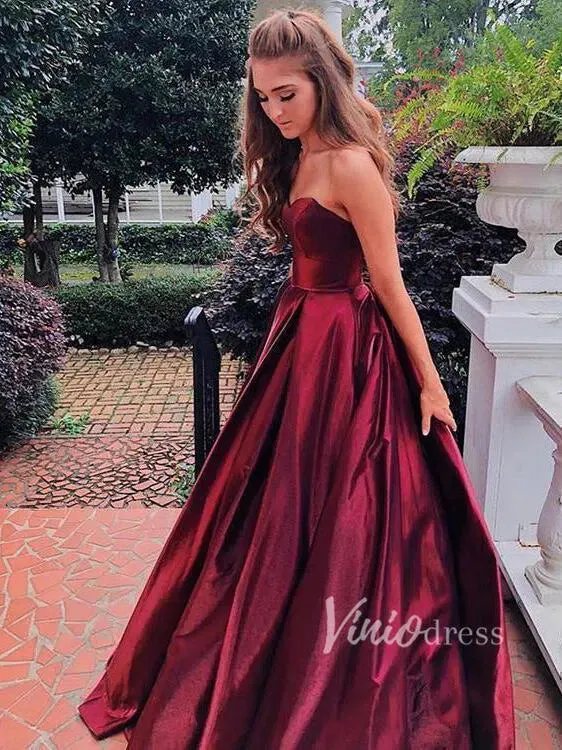 Simple Strapless Burgundy Prom Dresses with Pockets FD1376