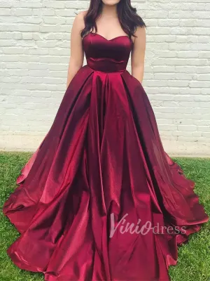 Simple Strapless Burgundy Prom Dresses with Pockets FD1376