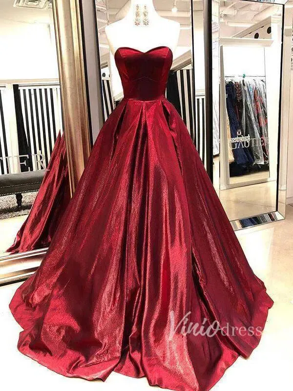 Simple Strapless Burgundy Prom Dresses with Pockets FD1376