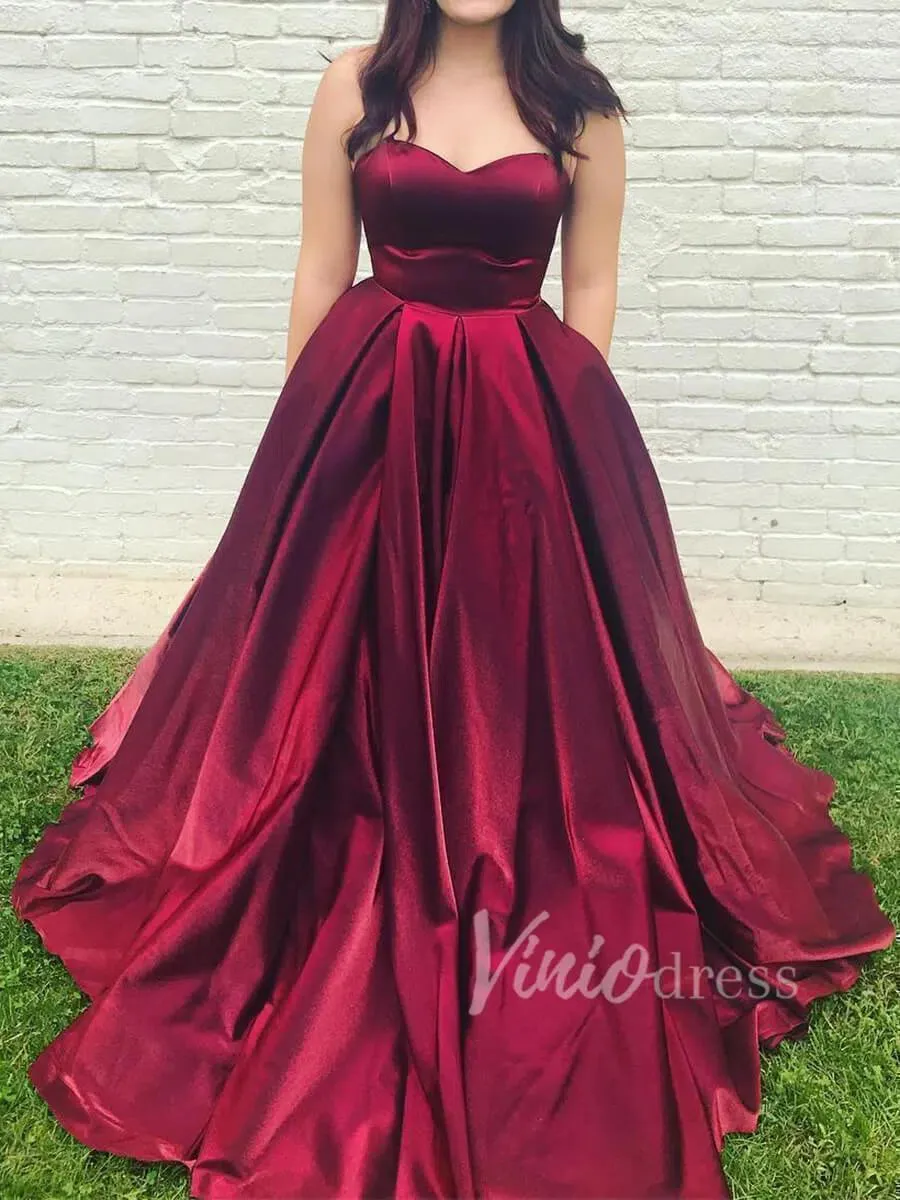 Simple Strapless Burgundy Prom Dresses with Pockets FD1376