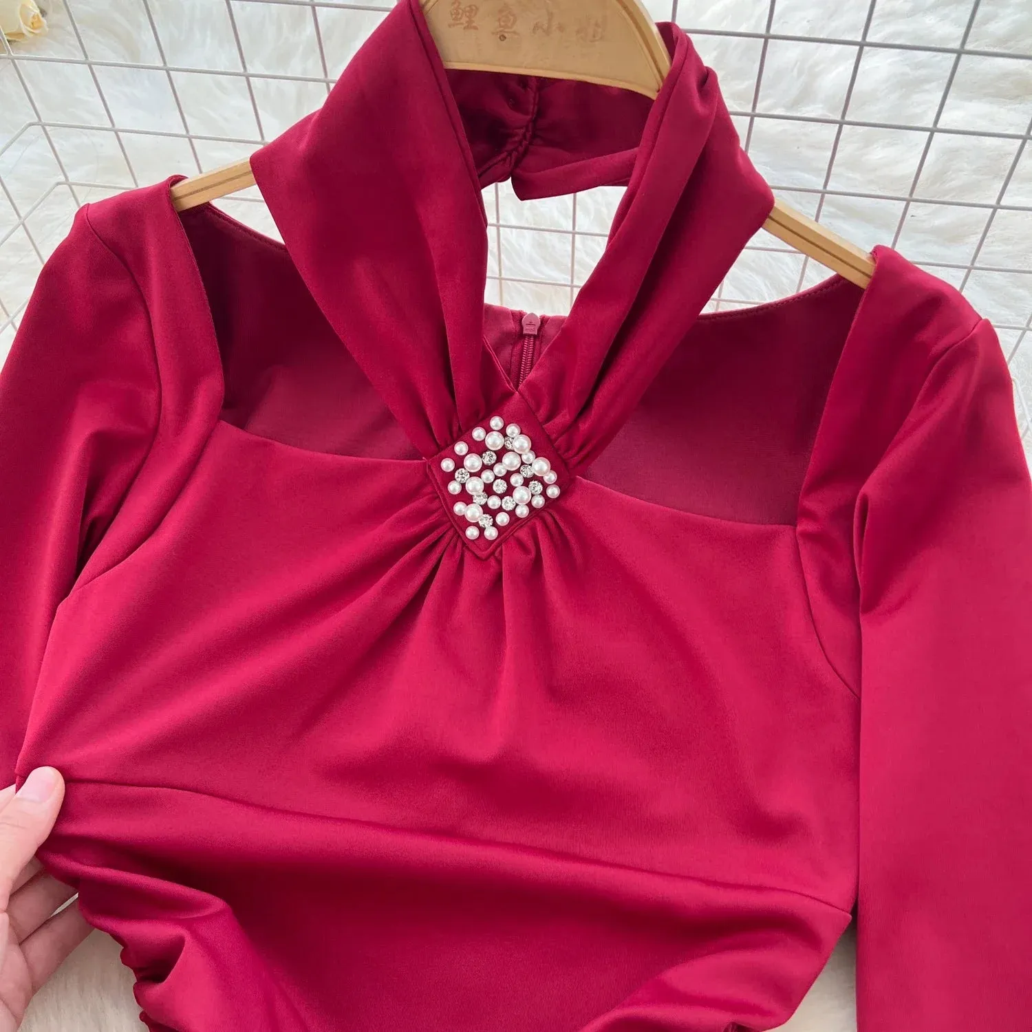 Slim Mermaid DressesVintage Halter Square Neck Elegant Long Sleeve Elegant Diamonds High Quality