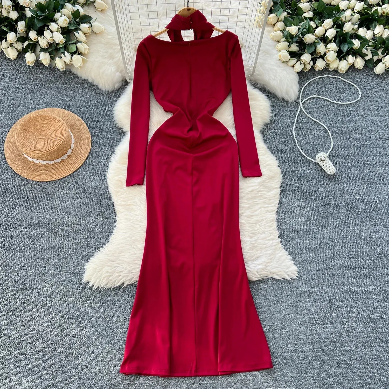 Slim Mermaid DressesVintage Halter Square Neck Elegant Long Sleeve Elegant Diamonds High Quality