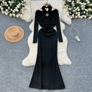 Slim Mermaid DressesVintage Halter Square Neck Elegant Long Sleeve Elegant Diamonds High Quality