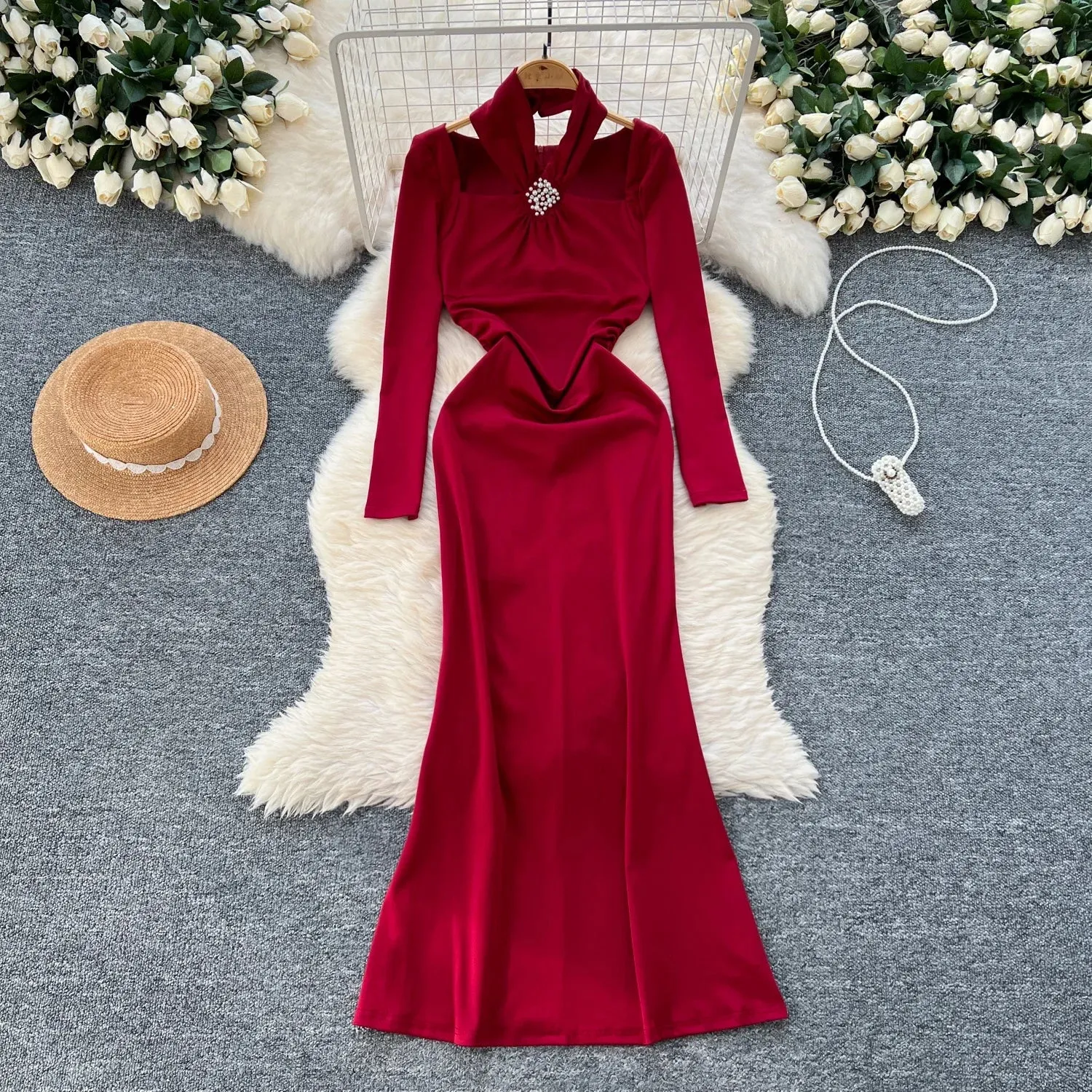 Slim Mermaid DressesVintage Halter Square Neck Elegant Long Sleeve Elegant Diamonds High Quality