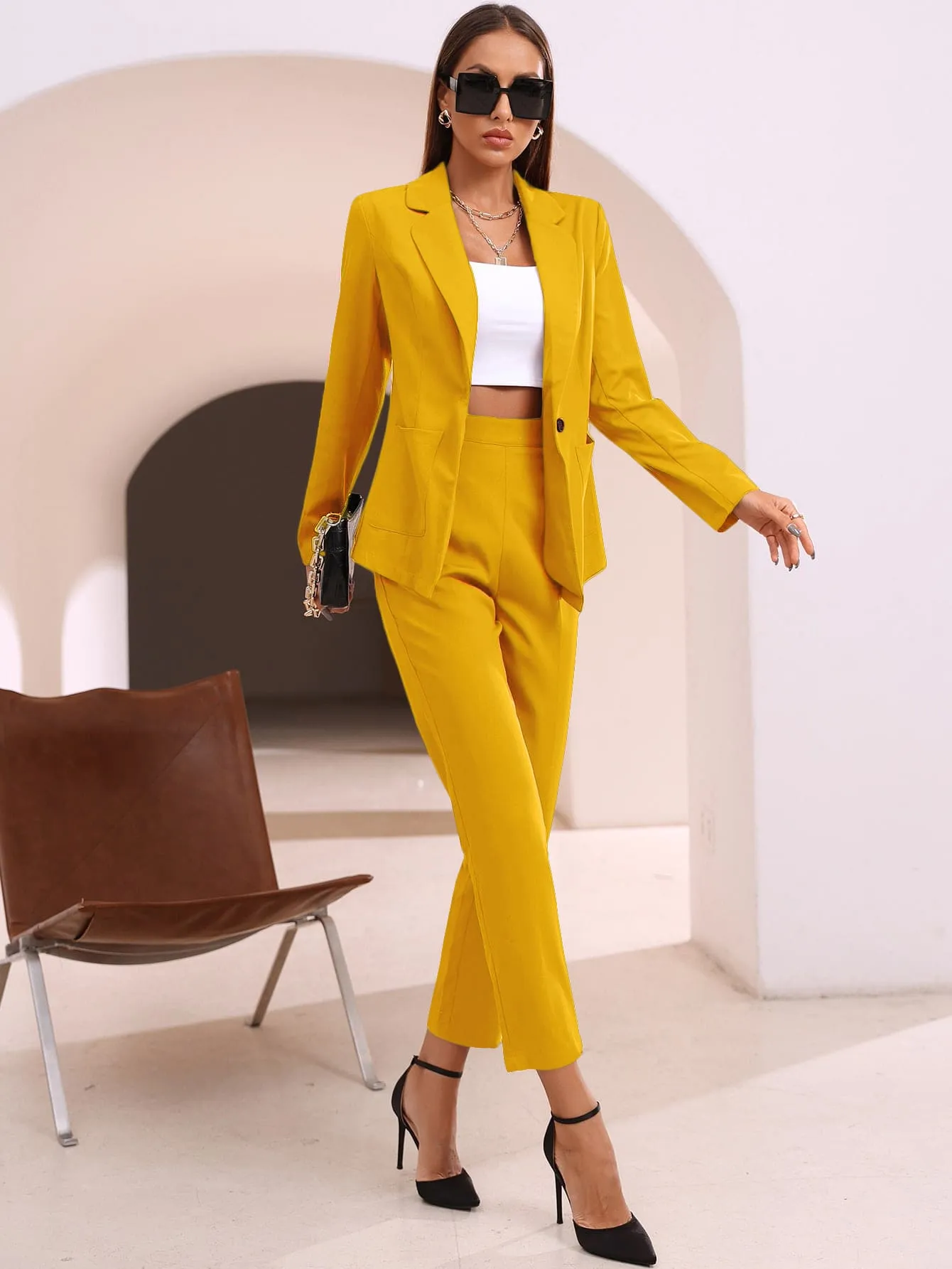 Solid Lapel Collar Blazer & Tailored Pants