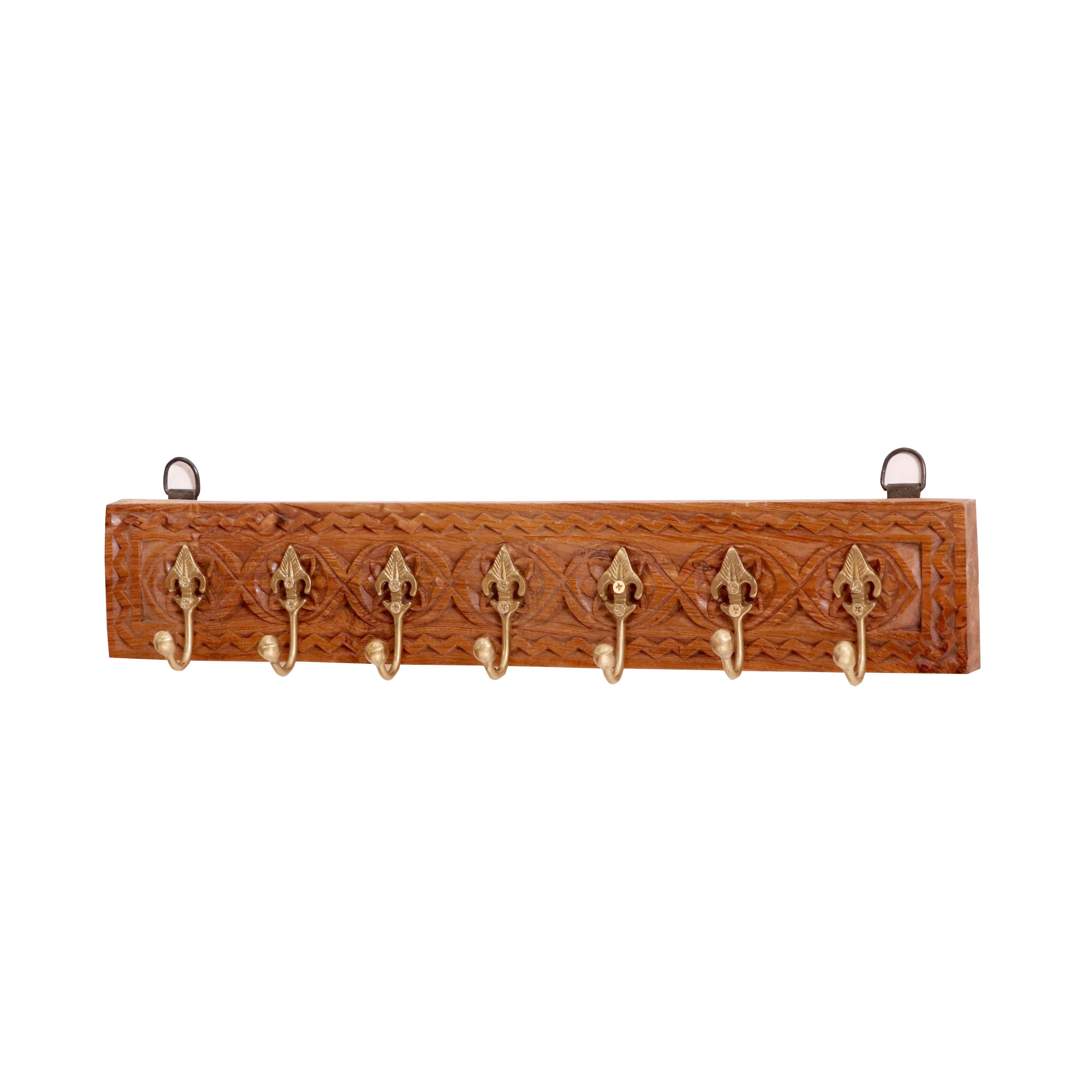 Solid wood carved 7 Brass fitted wall hanging hook