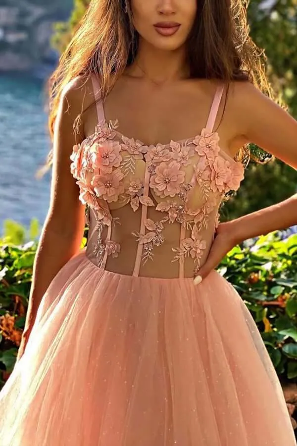 Sparkly Tulle A-line Sweetheart 3D Flowers Prom Dresses With Side Slit, SP723