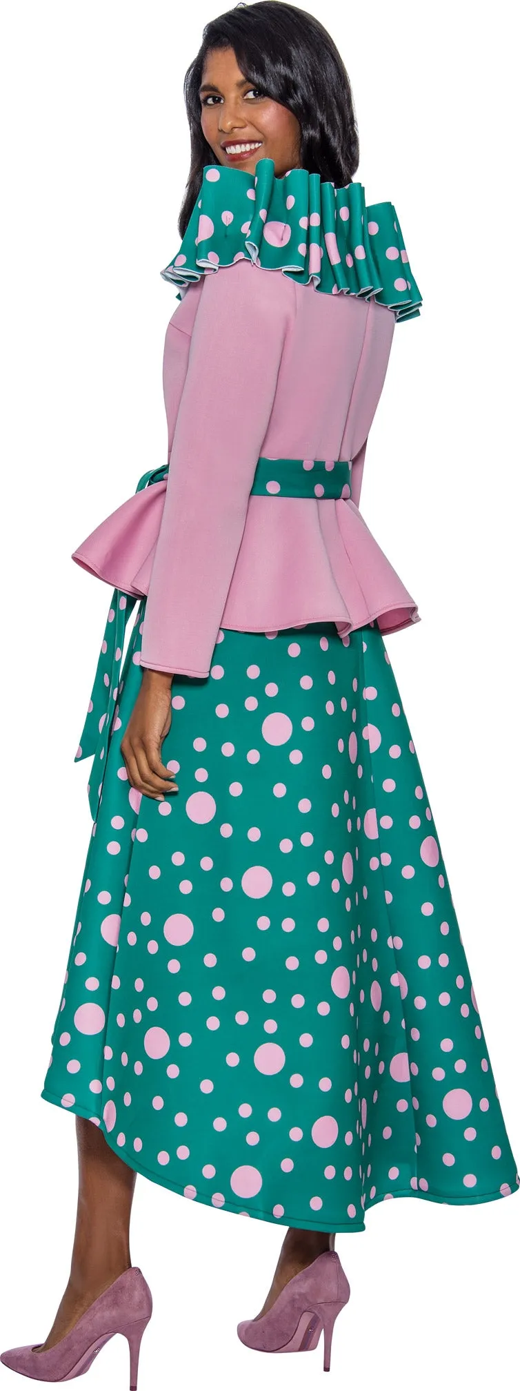 Stellar Looks 1622W Belted Dotted Accordian Collar PlusSize 2pc Skirt Set