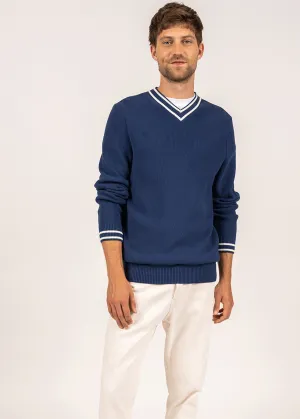 Tréguier V neck jumper - in cotton (INDIGO/ECUME)