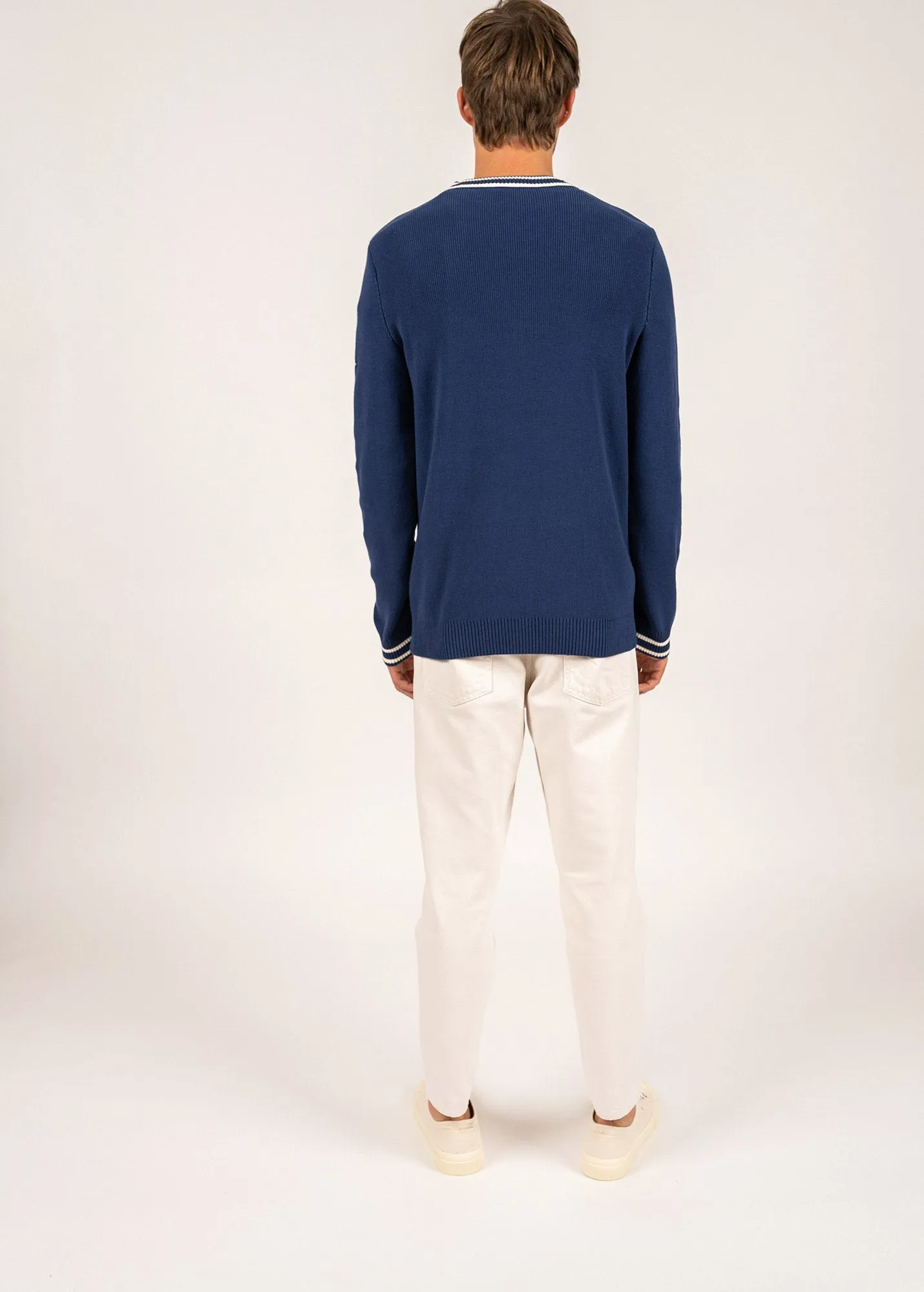 Tréguier V neck jumper - in cotton (INDIGO/ECUME)