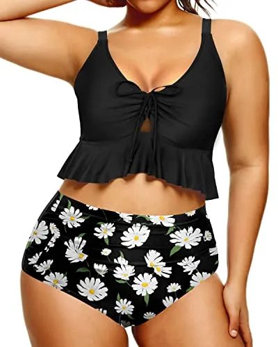 Two Piece Vintage Flounce High Waisted Ruched Bikini Set-Black Daisy