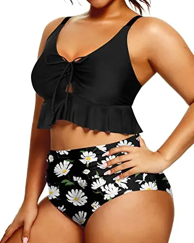 Two Piece Vintage Flounce High Waisted Ruched Bikini Set-Black Daisy
