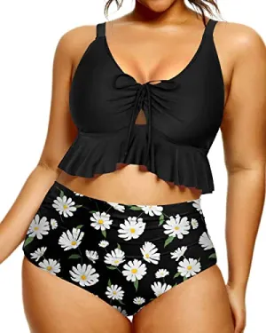 Two Piece Vintage Flounce High Waisted Ruched Bikini Set-Black Daisy