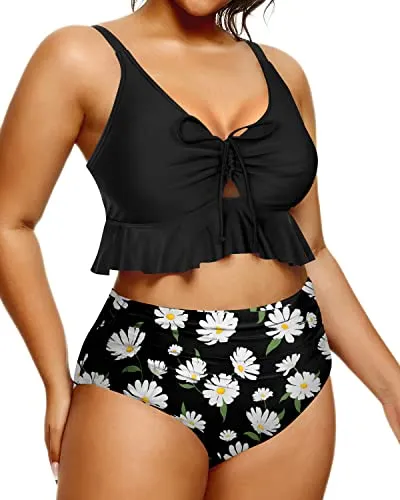 Two Piece Vintage Flounce High Waisted Ruched Bikini Set-Black Daisy