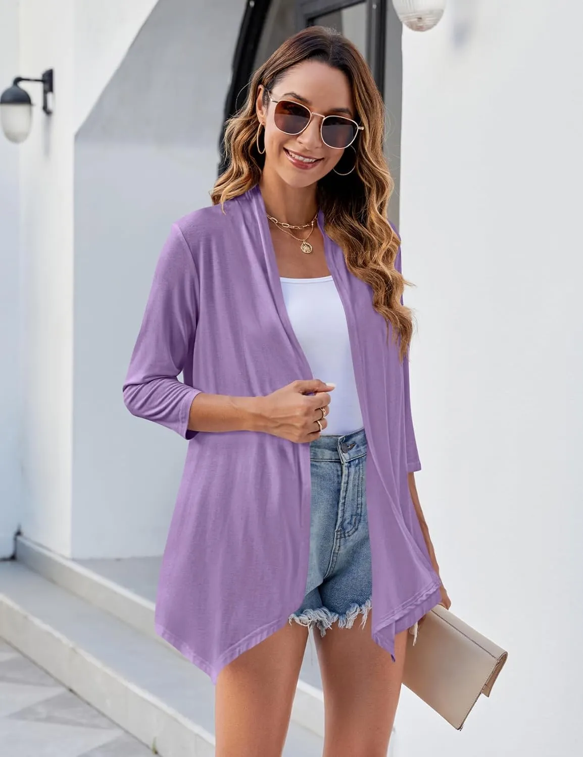Uvog Women's 3/4 Sleeve Draped Open Front Cardigan Casual Loose Lightweight Cardigans