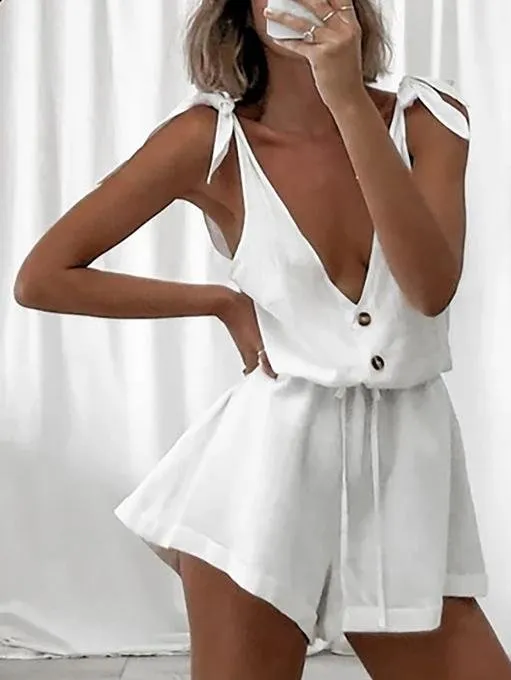 White High-waist Suspender Jumpsuit for Women