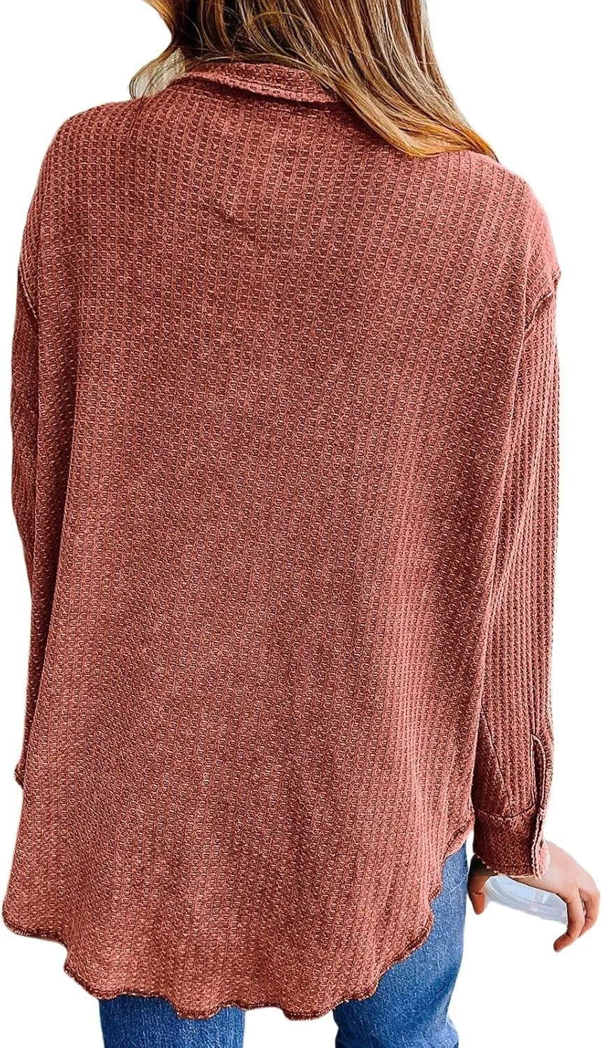 Womens Waffle Knit Jacket Oversized Casual Long Sleeve Blouse Button Down Lapel Distressed Shirt Lightweight Top