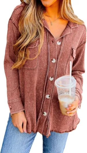 Womens Waffle Knit Jacket Oversized Casual Long Sleeve Blouse Button Down Lapel Distressed Shirt Lightweight Top