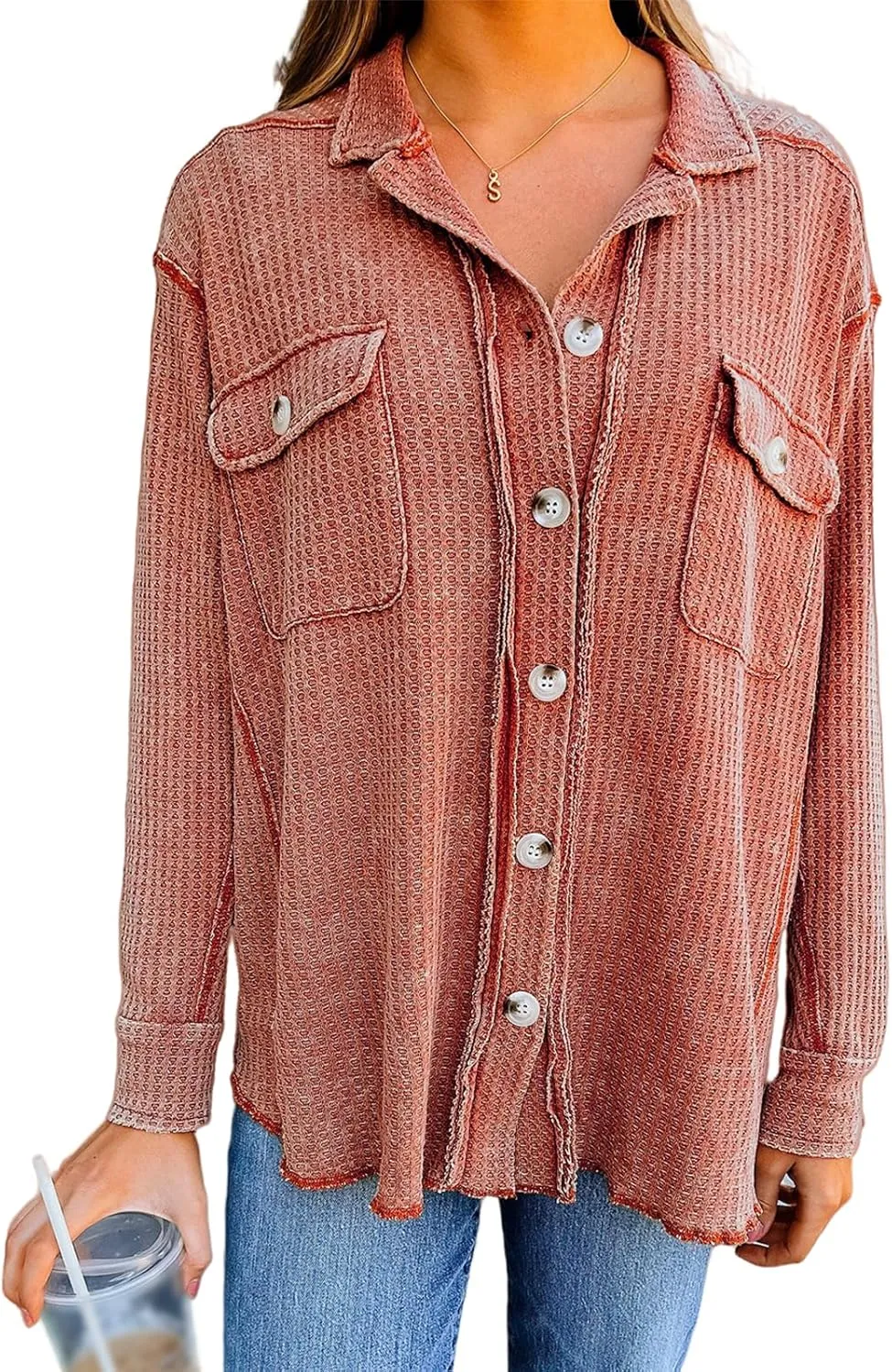 Womens Waffle Knit Jacket Oversized Casual Long Sleeve Blouse Button Down Lapel Distressed Shirt Lightweight Top