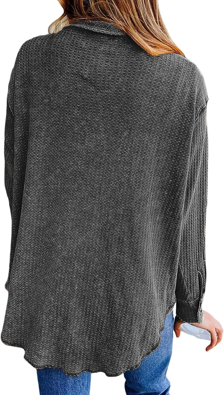 Womens Waffle Knit Jacket Oversized Casual Long Sleeve Blouse Button Down Lapel Distressed Shirt Lightweight Top