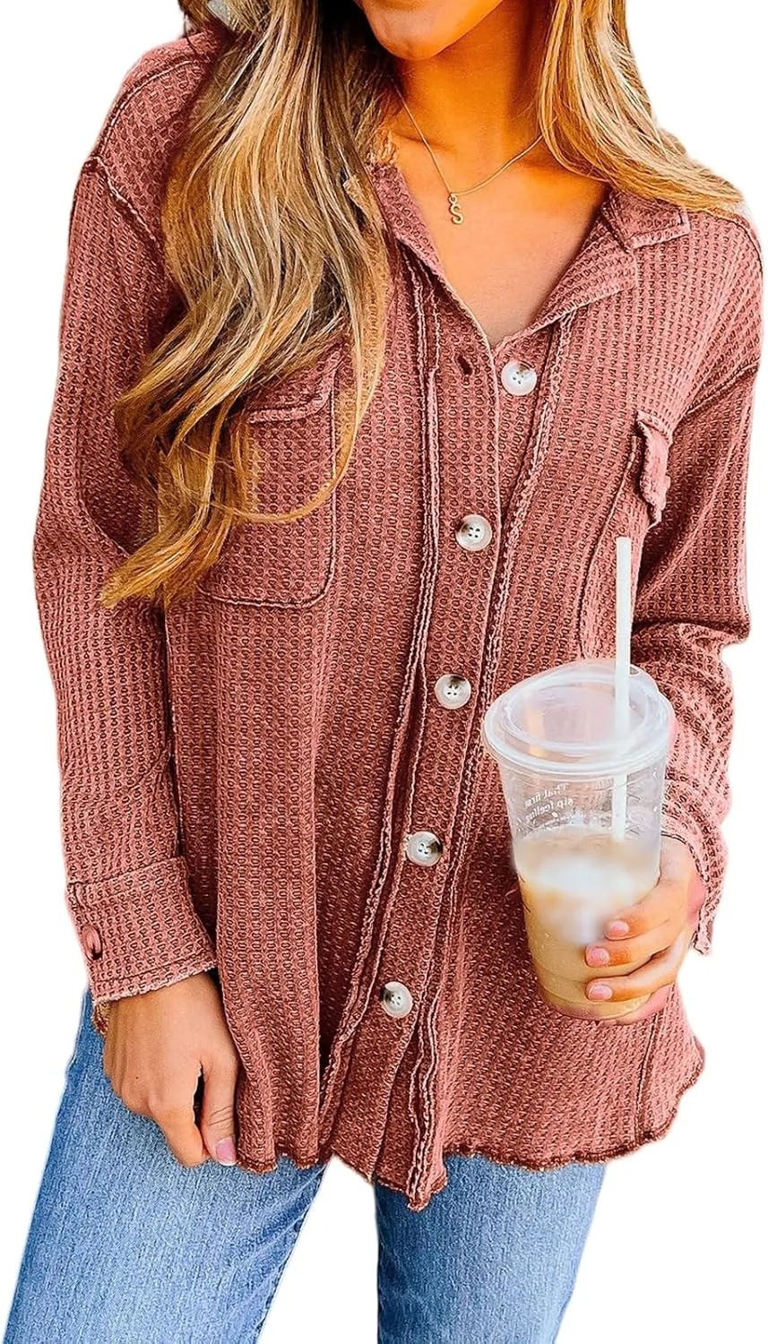 Womens Waffle Knit Jacket Oversized Casual Long Sleeve Blouse Button Down Lapel Distressed Shirt Lightweight Top